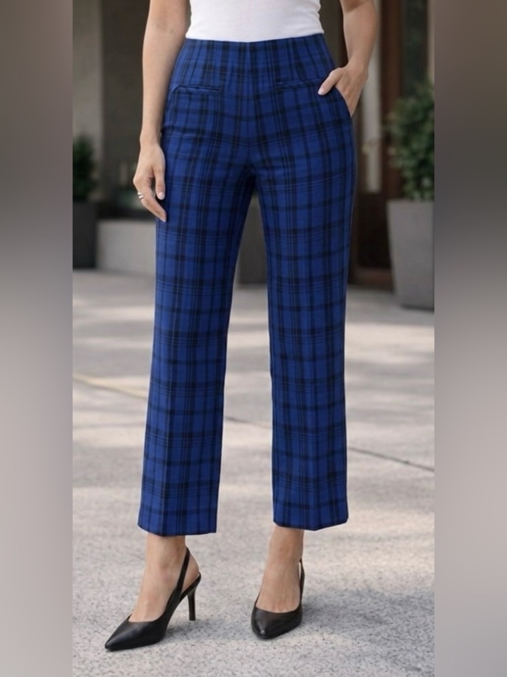 Free People blue/blk plaid ankle length pants,side zipper,mock back pockets, 2